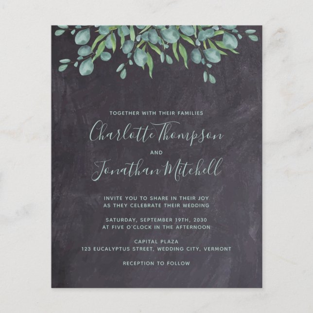 Budget Greenery Eucalyptus Wedding Einladung (Vorderseite)