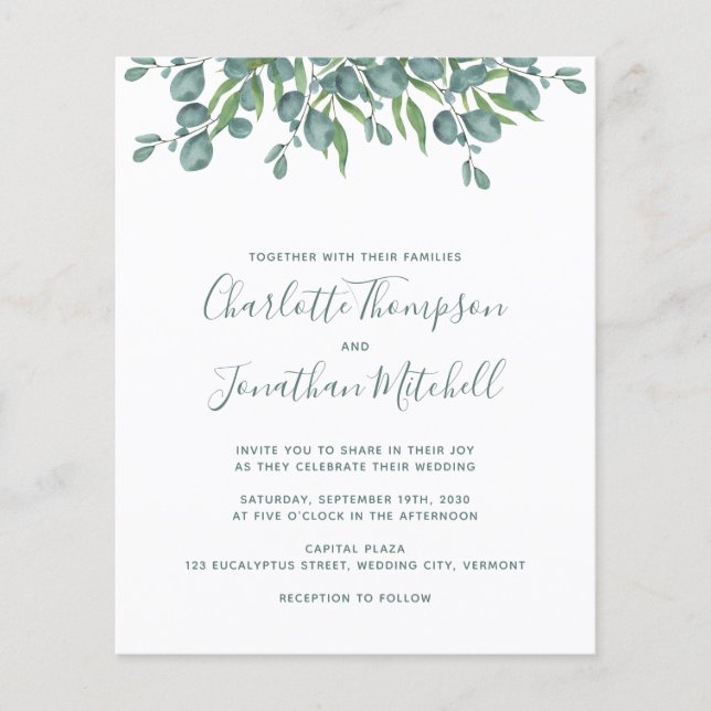 Budget Greenery Eucalyptus Wedding Einladung (Vorderseite)