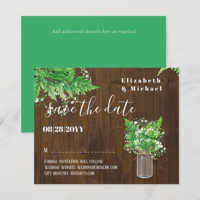 BUDGET Greenery Ferns Wedding Save the Dates (Vorne/Hinten)