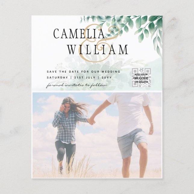 BUDGET Greenery FOTO Wedding Save the Date QRcode Flyer (Vorne)