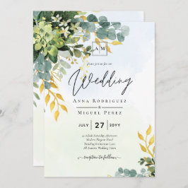 BUDGET Greenery Gold Eukalyptus Blätter Hochzeit Einladung