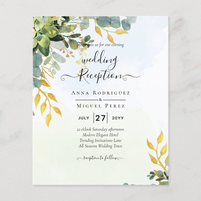BUDGET Greenery Gold Eukalyptus Blätter Hochzeit Flyer (Vorne)