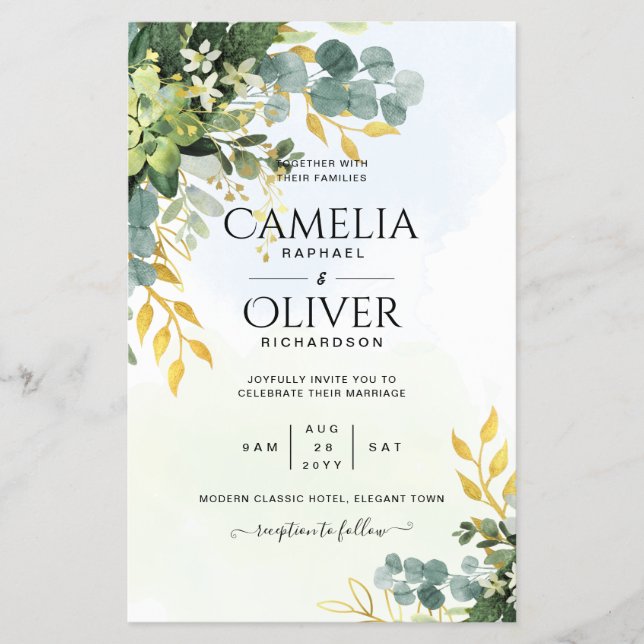 BUDGET Greenery Gold Eukalyptus Blätter Hochzeit Flyer (Vorne)