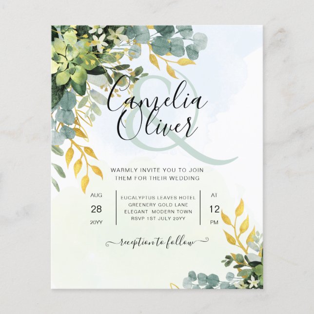 BUDGET Greenery Gold Eukalyptus Blätter Hochzeit Flyer (Vorne)