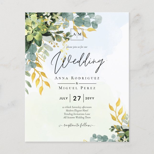 BUDGET Greenery Gold Eukalyptus Blätter Hochzeit Flyer (Vorne)