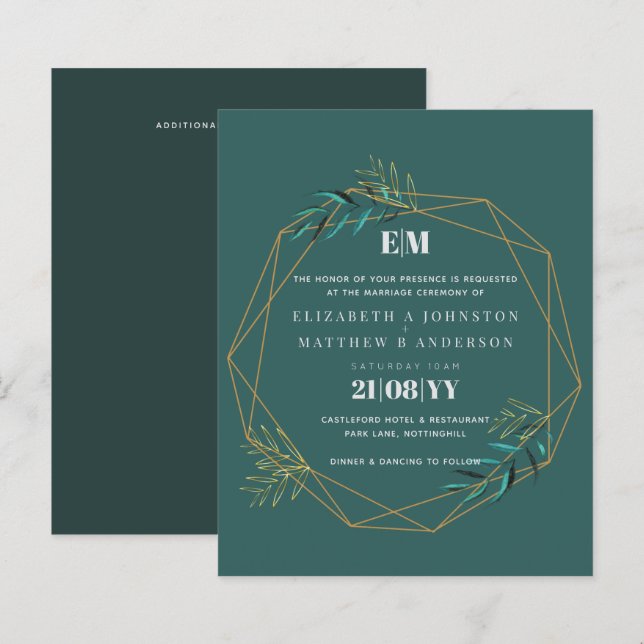 Budget Greenery Gold Geometric Wedding Einladungen (Vorne/Hinten)