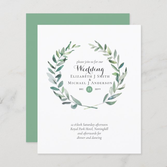 Budget Greenery Olive Blätter Hochzeiten Einladung (Vorne/Hinten)