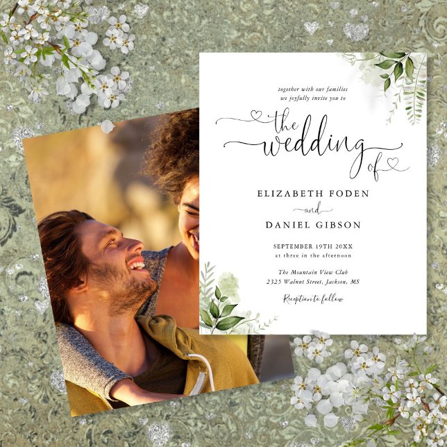 Budget Greenery Script Foto Einladung Hochzeitsfei (Budget Greenery Script Photo Wedding Invitation)