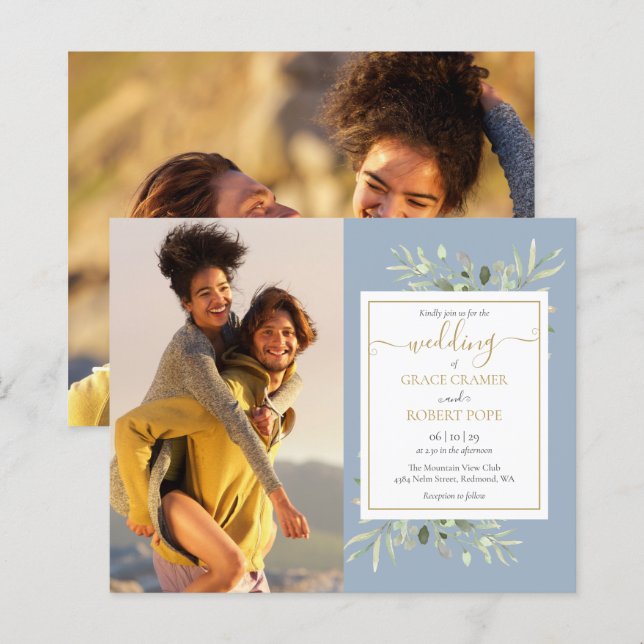 Budget Greenery Script Foto Einladung Hochzeitsfei (Vorne/Hinten)