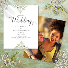 Budget Greenery Script Wedding Foto Einladung