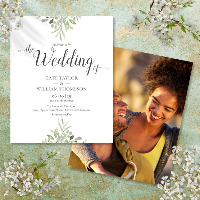 Budget Greenery Script Wedding Foto Einladung (Von Creator hochgeladen)
