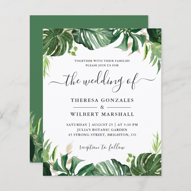 Budget Greenery Tropical Palm Leaf Wedding Einladu (Vorne/Hinten)