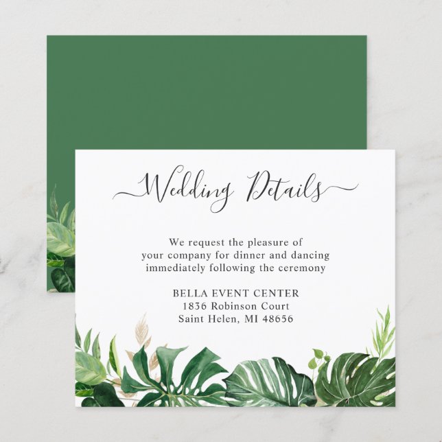 Budget Greenery Tropical Palm Wedding Details Card (Vorne/Hinten)