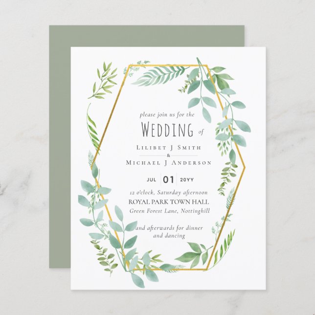 Budget Greenery Wedding Einladung (Vorne/Hinten)