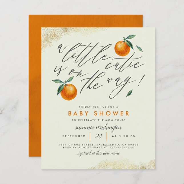 Budget Grün eine kleine Süsse Orange Baby Dusche (Vorne/Hinten)