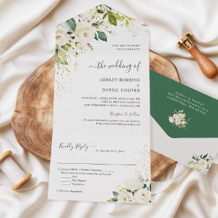 Budget Grün Ivory Weiß Gold Blumen Hochzeit All In One Einladung