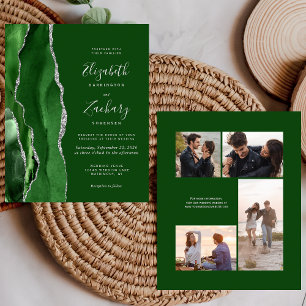 Budget Grün Silber 4-Foto-Hochzeitseinladung