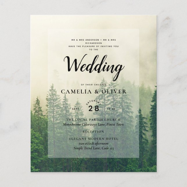 BUDGET Grünwald Pine Trees Hochzeit EINLADEN Flyer (Vorne)