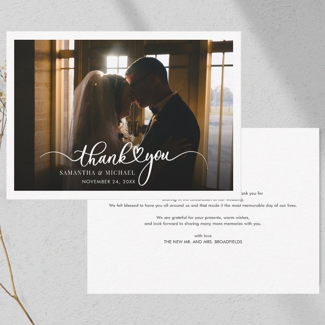 Budget Handgeschriebenes Hochzeitsstift Foto Danke Mitteilungskarte (Wedding Photo Script Thank You Note Card)
