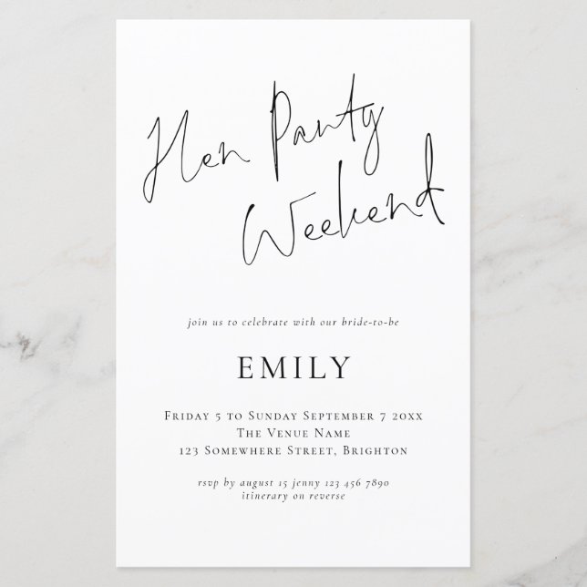 Budget Hen Party Script Itinerary Weekend Einladun (Vorderseite)