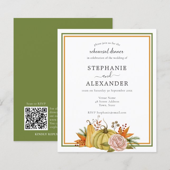 Budget Herbst Pumpkin Hochzeit Probe QR Einladung (Vorne/Hinten)