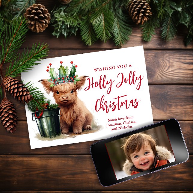 Budget Highland Cow Holly Jolly Holiday Foto Card (Von Creator hochgeladen)