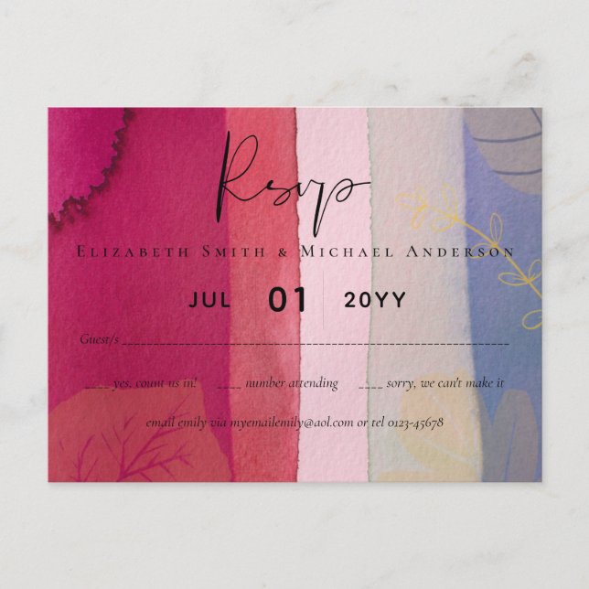 BUDGET Hochzeit Berry Red Lila Watercolor Postkarte (Vorderseite)