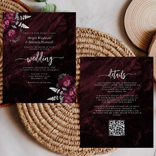 Budget-Hochzeit Burgund Silber Blumen QR-Code