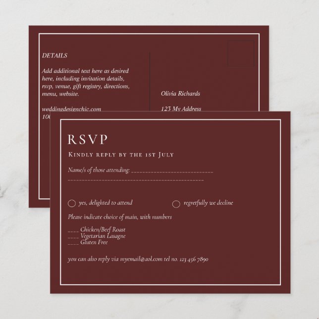 BUDGET Hochzeit Burgundy Deep Red Monochrome Text Postkarte (Vorne/Hinten)