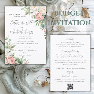 Budget-Hochzeit in Rosa und Elfenbein mit Blumenmu Einladung