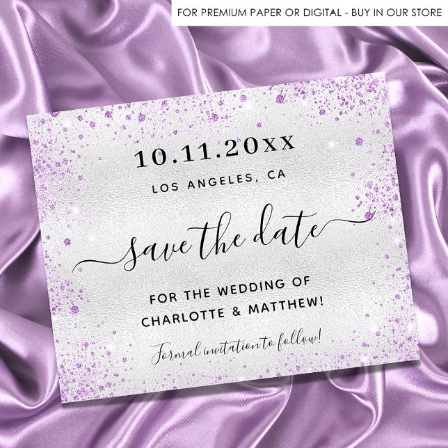 Budget Hochzeit Silber lila Glitzer Save the Date (Von Creator hochgeladen)