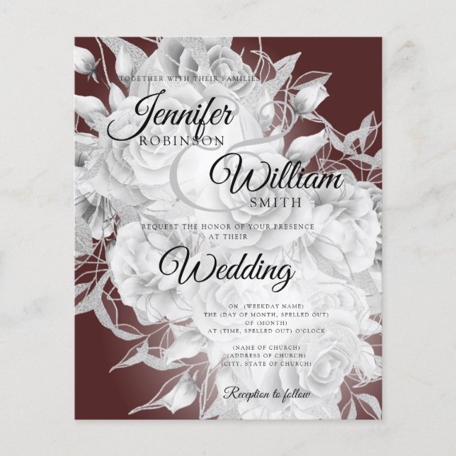 Budget Hochzeit Silver & Burgund Blumenladen Flyer (Vorne)