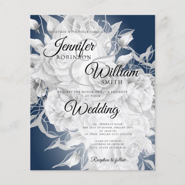 Budget Hochzeit Silver & Navy Blues Einladung Flyer (Vorne)