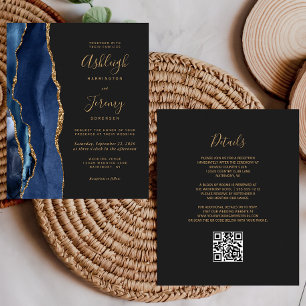 Budget Hochzeitseinladung Navy Blau Gold Dunkel QR