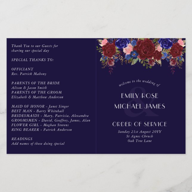 Budget Hochzeitsprogramm Burgundy Blue Rose Blume (Vorderseite)