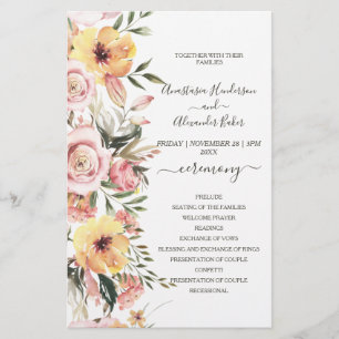 Budget-Hochzeitsprogrammkarte mit Blumenmotiv. Flyer