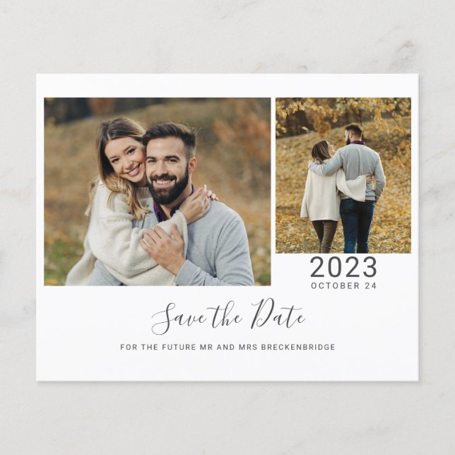 Budget-Hochzeitsskript 2 Fotos Karte zur Vorankünd (Vorderseite)