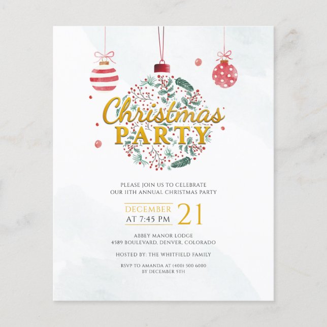 Budget Holiday Red Gold Weihnachten Party Einladun (Vorderseite)