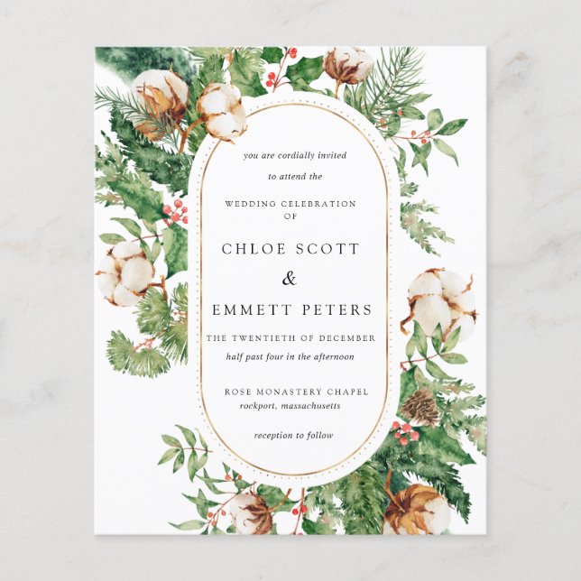 Budget Holly Pine Winter Hochzeit Einladung (Vorderseite)