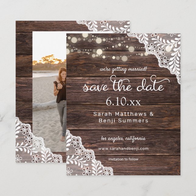 Budget Holz, Lace & Lights Save the Date V2 Foto (Vorne/Hinten)