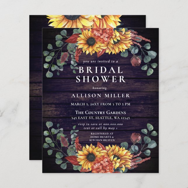 Budget Holz Sonnenblumen Brautdusche Einladung (Vorne/Hinten)