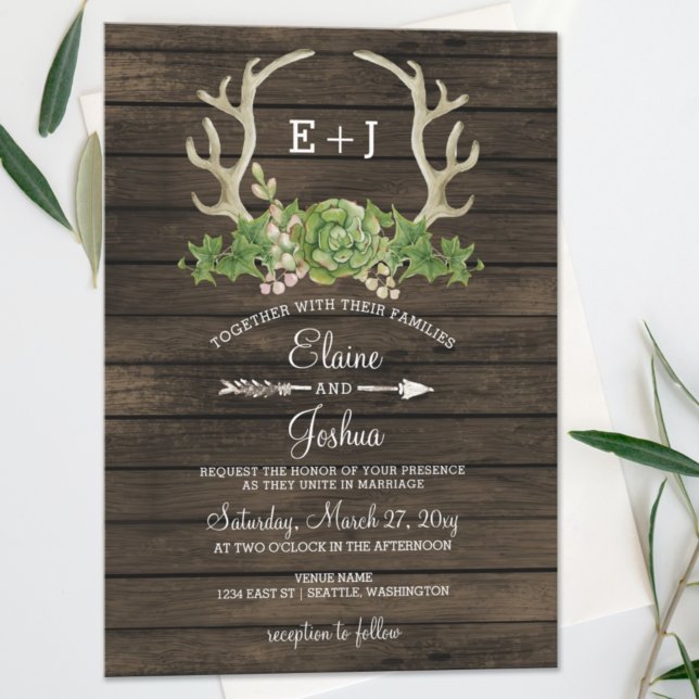 Budget Holz Sukkulente Antler Hochzeit Einladung (Von Creator hochgeladen)