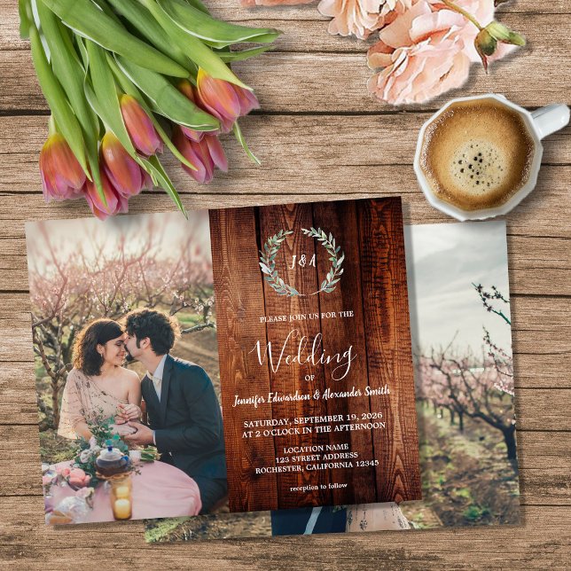 Budget-Holzscheune-Monogramm-Foto-Hochzeitseinladu Flyer (Budget barn wood monogram photo Wedding invitation Flyer. You can add your own photos to personalize)