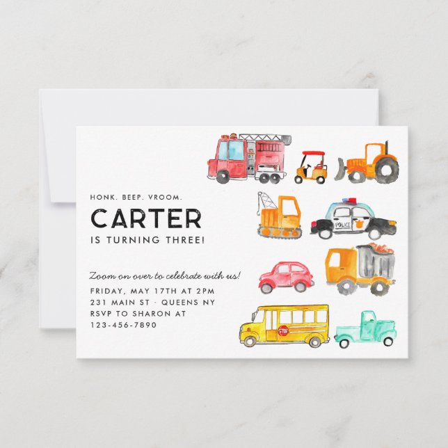 Budget Honk Beep Vroom Transportation Kind Geburts Mitteilungskarte (Vorderseite)