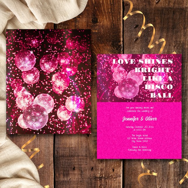 Budget Hot Pink Disco Ball Einladung Hochzeit Flyer (Front and Back)