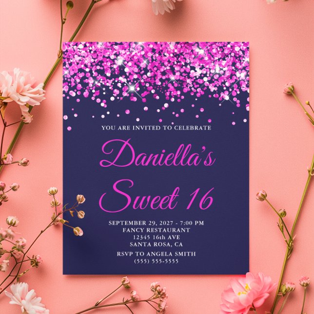 Budget Hot Pink Glitzer Navy Sweet 16 Einladung (Budget Hot Pink Glitter Navy Sweet 16 Invite)