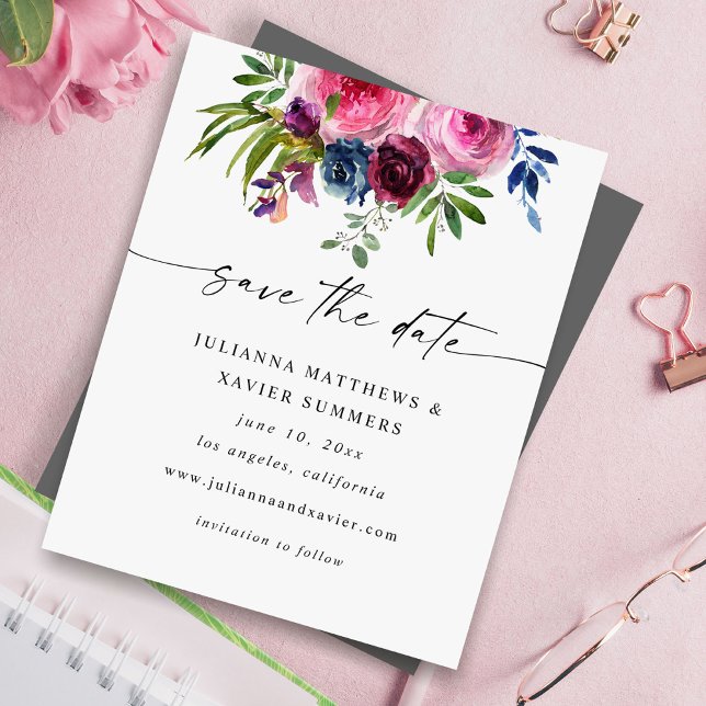 Budget Hot Pink & Navy Blue Floral Save the Date 3 (Von Creator hochgeladen)
