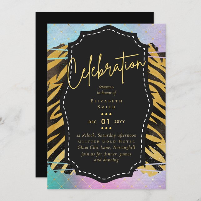 Budget Hübsch Girly Sweet16 Gold Animal Print Inv Einladung (Vorne/Hinten)