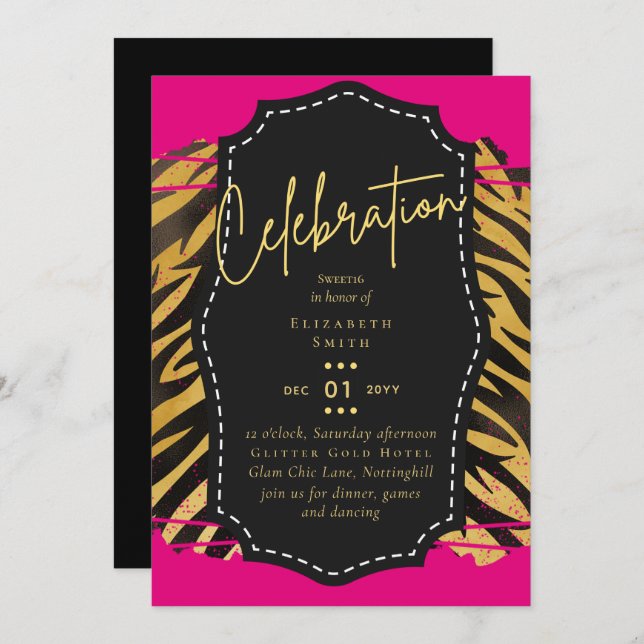Budget Hübsch Girly Sweet16 Gold Animal Print Inv Einladung (Vorne/Hinten)