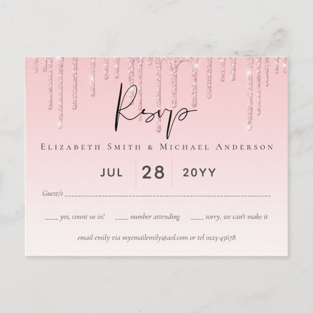 Budget Hübsch Girly Wedding RSVP Glitzer Pink Postkarte (Vorderseite)